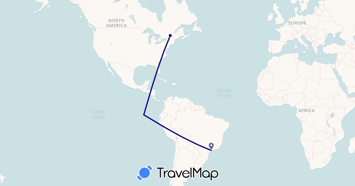 TravelMap itinerary: driving in Brazil, Canada, Ecuador (North America, South America)
